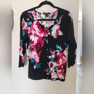White House Black Market Women’s Black Floral 3/4 Sleeve Cardigan Sweater